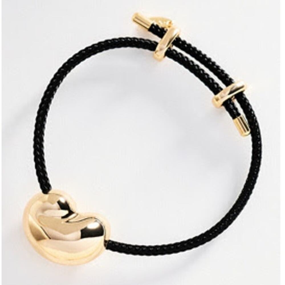 ANTHROPOLOGIE NWT Bean Pendant Adjustable Cord Bracelet Black 14k Plated Gold